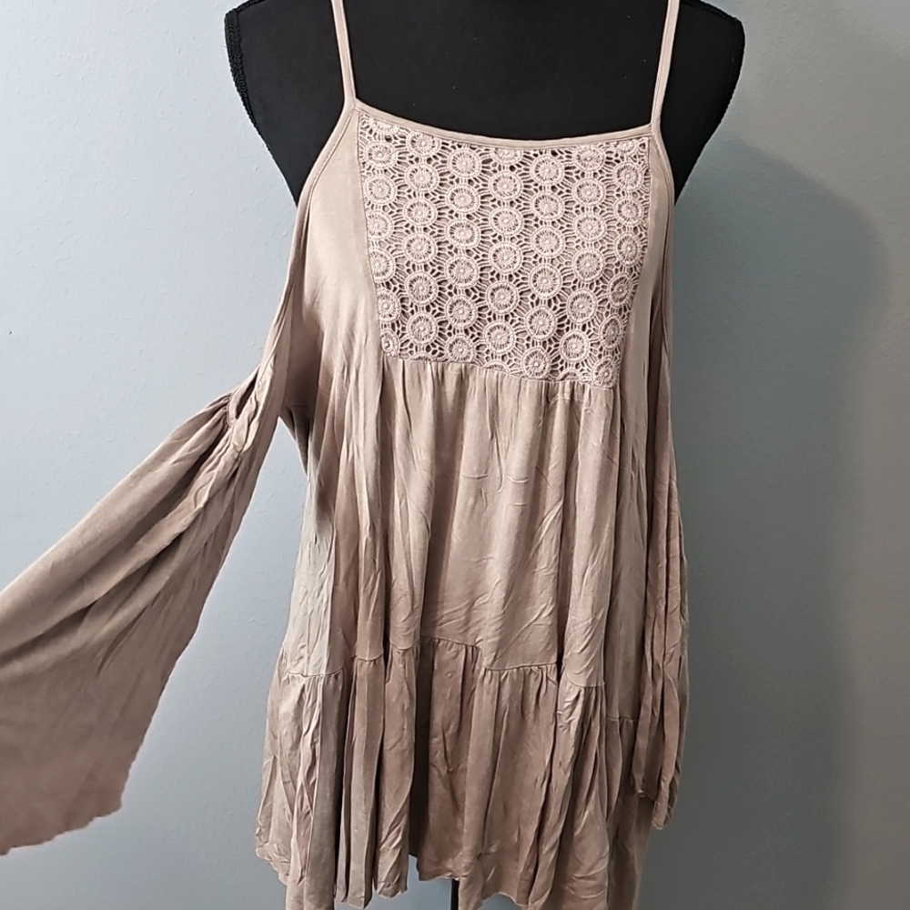 #5 NWT POL Spaghetti Strap Cold Shoulder Top ~ Tan Khaki ~ 19.5" P2P